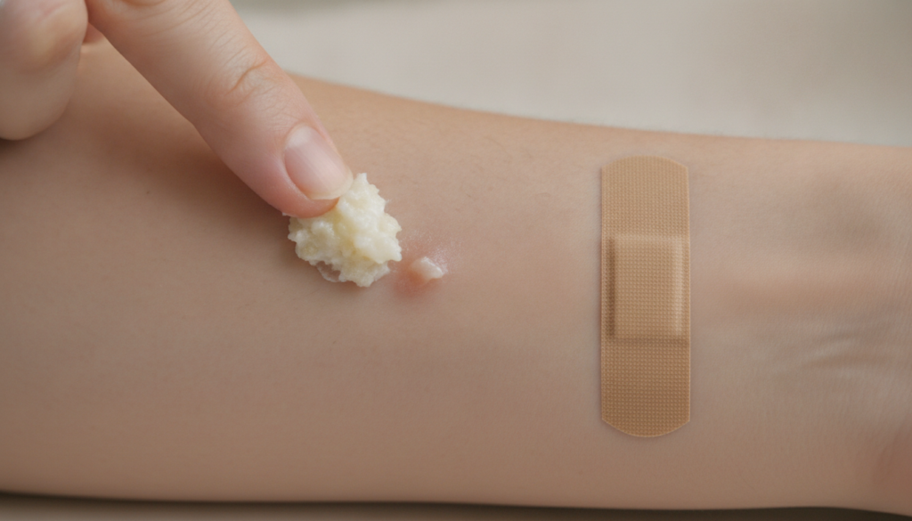 A close-up of a person s finger gently applying a small amount of the garlic and toothpaste paste to a visible skin tag
