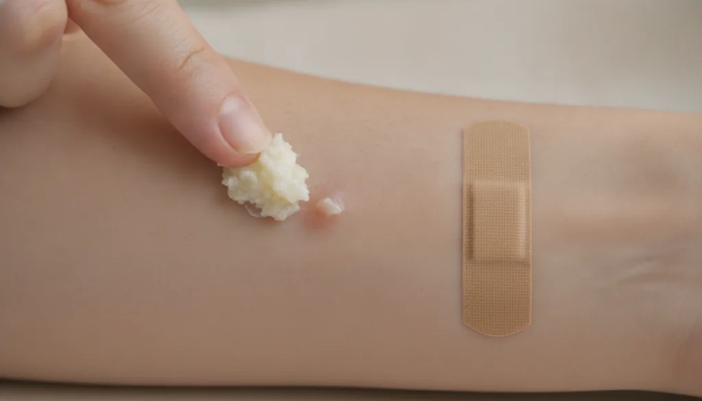 A close-up of a person s finger gently applying a small amount of the garlic and toothpaste paste to a visible skin tag