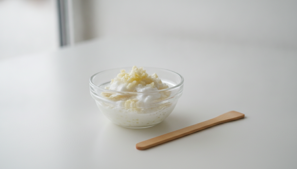 A small glass bowl containing the mixed garlic and toothpaste paste with a tiny applicator or cotton swab beside it agai