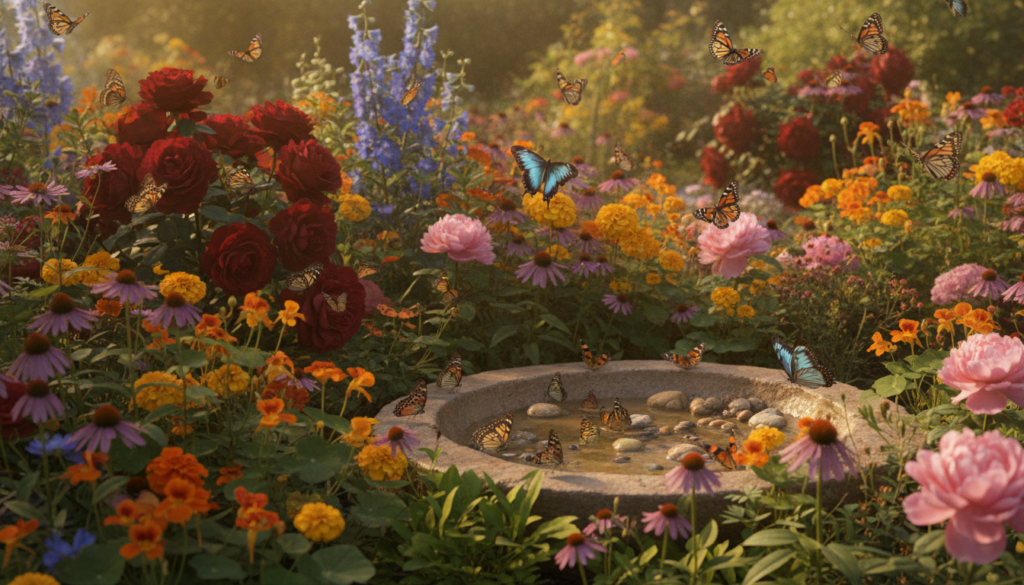 A vibrant garden scene filled with various colorful flowering plants and a diverse array of butterflies fluttering aroun