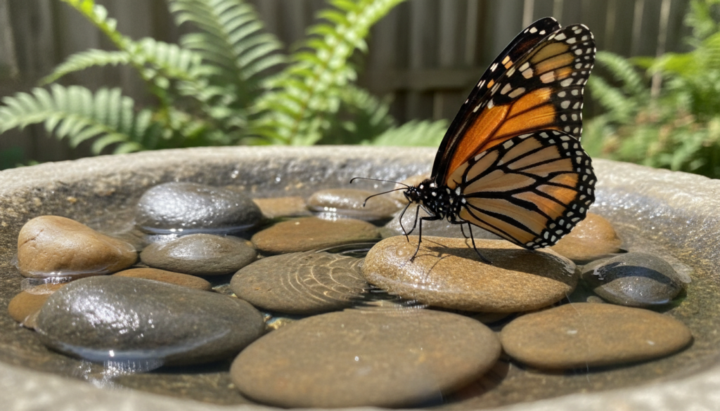 A close-up of a butterfly puddle station showing smooth river rocks partially submerged in shallow water with a butterfl