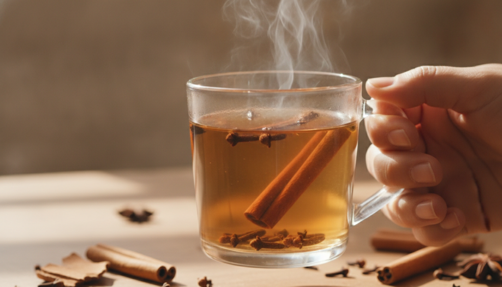 A close-up of a hand gently holding a warm cup of clove tea with steam rising against a soft blurred background of natur