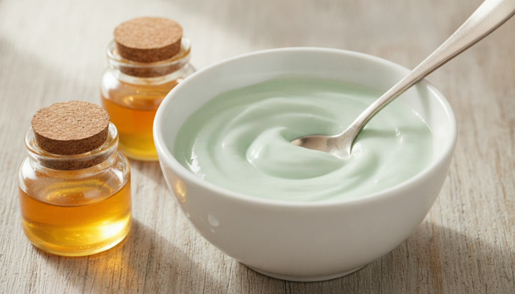 A close-up of a DIY anti-aging face mask being prepared with fresh aloe vera gel honey and almond oil in a small ceramic