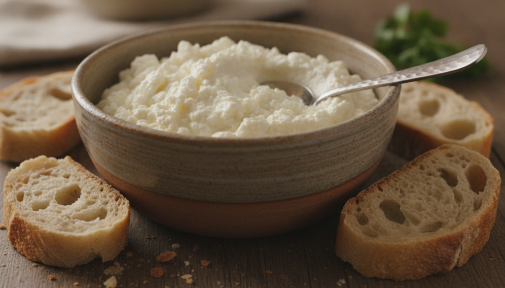 Creamy ricotta cheese in a bowl with a spoon and fresh bread