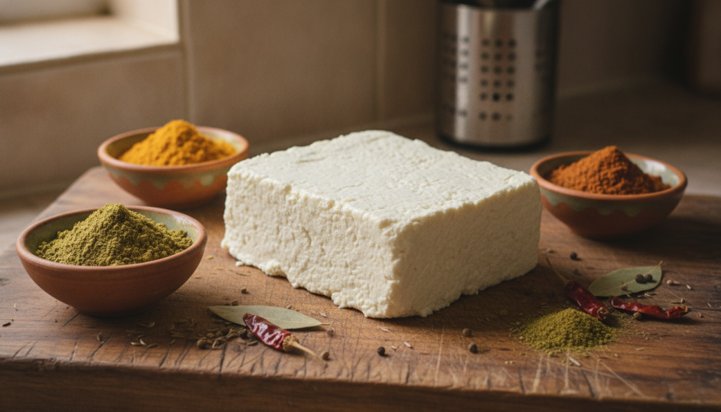A block of fresh paneer on a wooden board with Indian spices