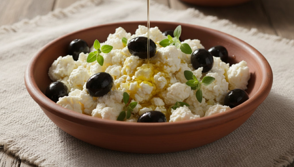 Crumbled feta cheese in a bowl with olives and herbs