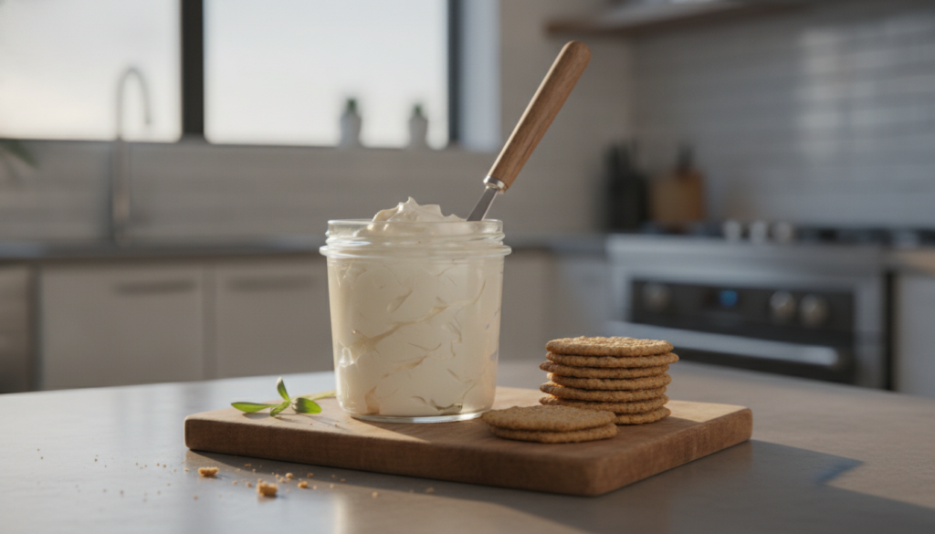 Smooth spreadable cream cheese in a glass jar with crackers