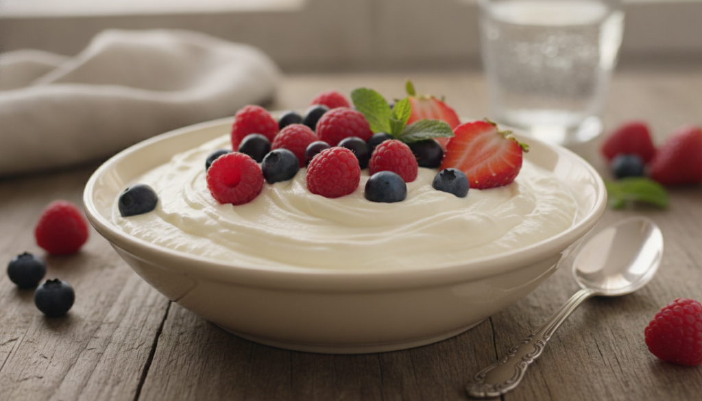 Thick creamy mascarpone cheese in a bowl with fresh berries and a spoon
