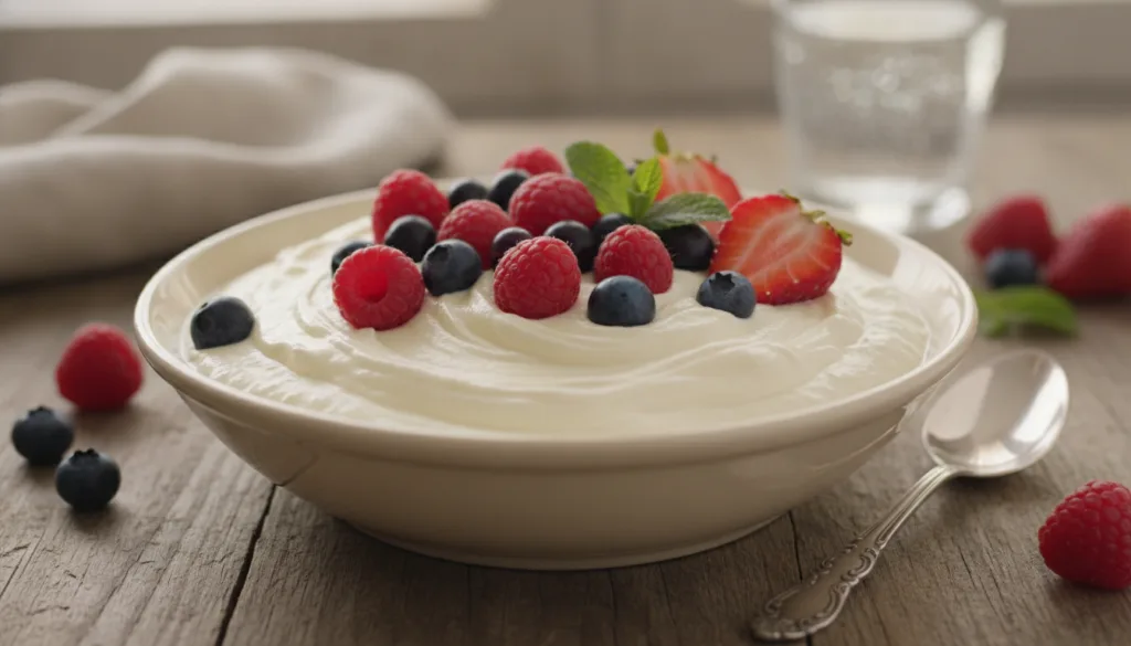 Thick creamy mascarpone cheese in a bowl with fresh berries and a spoon