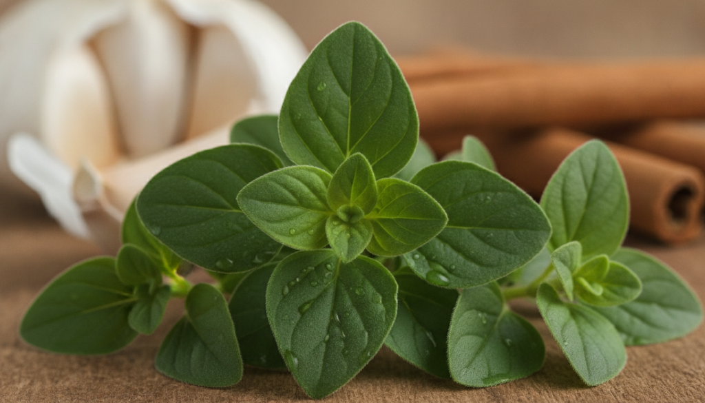 Close-up of fresh oregano leaves with garlic cloves and cinnamon sticks in the background