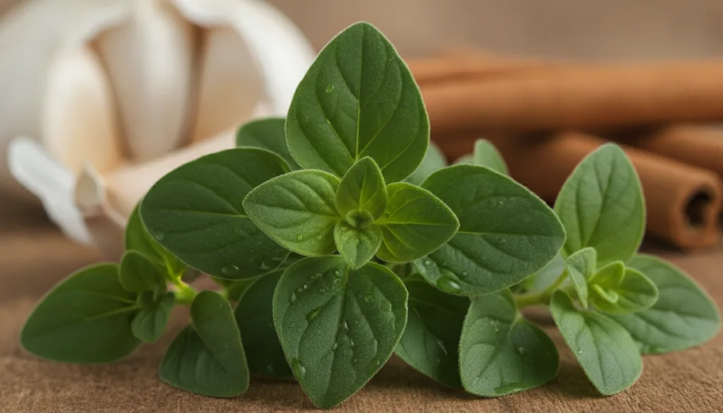 Close-up of fresh oregano leaves with garlic cloves and cinnamon sticks in the background