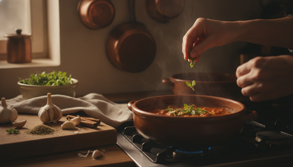 A warm inviting kitchen scene with a person preparing a meal using fresh garlic oregano and cinnamon