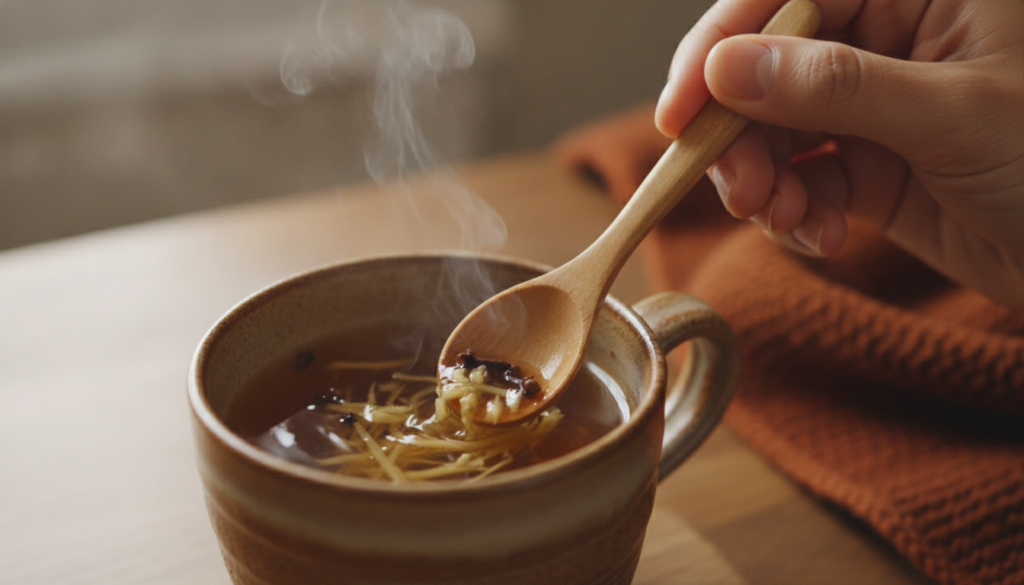 A close-up of a hand gently stirring a steaming mug of ginger clove and honey infusion with a wooden spoon