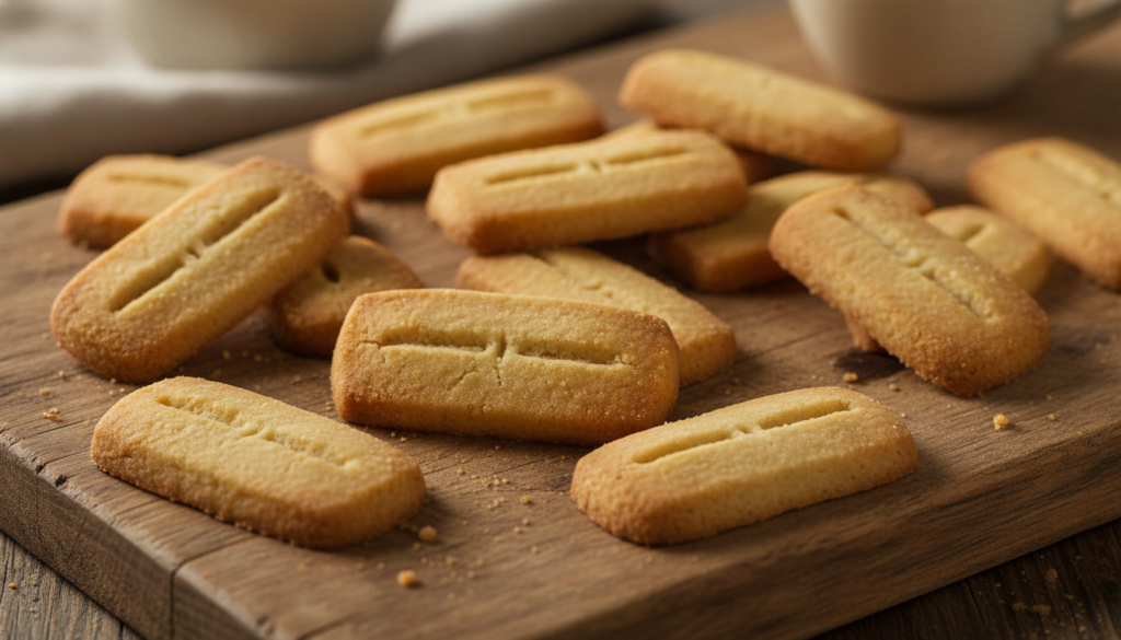 Golden brown classic shortbread cookies possibly cut into rectangles or rounds arranged neatly on a cooling rack or whit