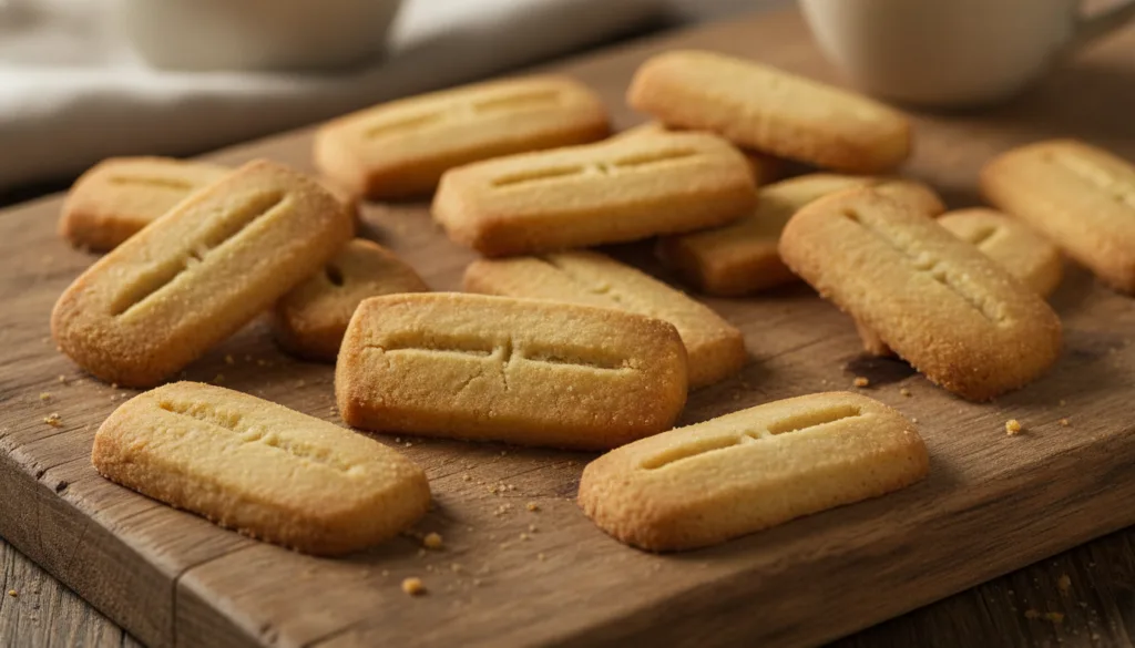 Golden brown classic shortbread cookies possibly cut into rectangles or rounds arranged neatly on a cooling rack or whit