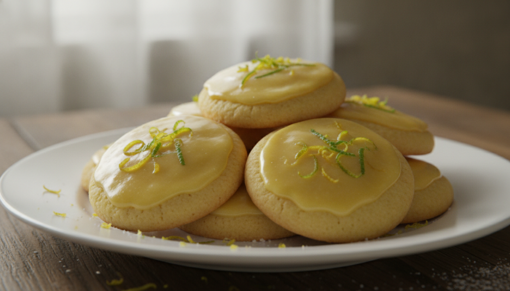 Round sugar cookies with a bright yellow lemon glaze possibly with lemon zest sprinkled on top on a white plate