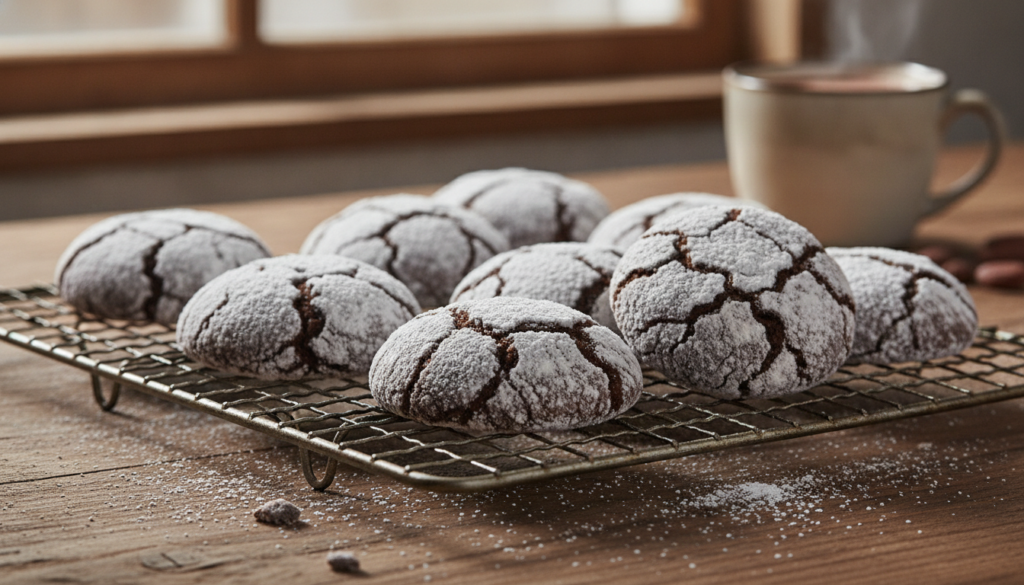 Dark chocolate cookies with a crinkled surface coated in white powdered sugar creating a beautiful contrast possibly on 