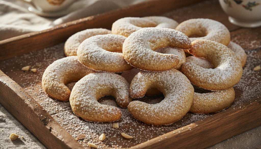 Crescent-shaped almond cookies lightly dusted with powdered sugar arranged on a serving plate or baking sheet