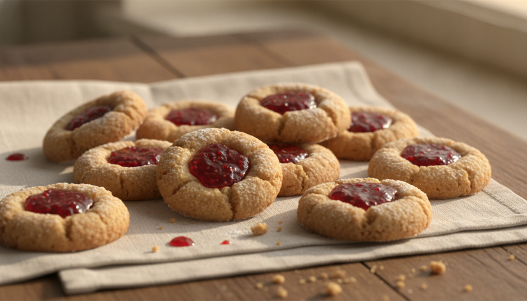 Round thumbprint cookies with a clear indentation filled with vibrant red jam some dusted with a light powdered sugar