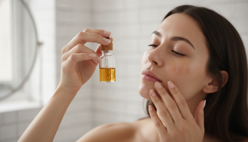 Close-up of hands applying the homemade banana peel elixir to a clean face gently massaging it into the skin The elixir 