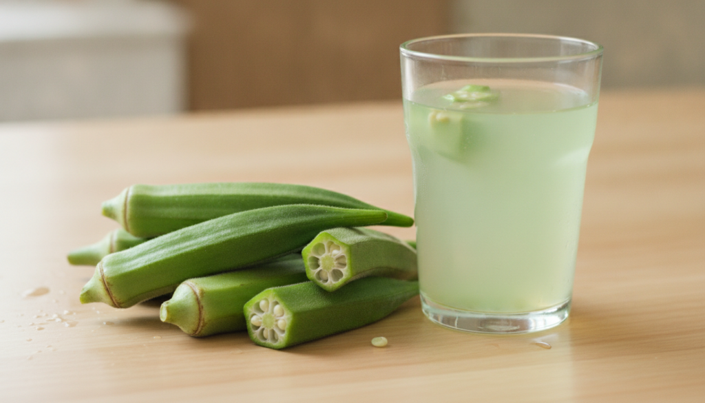 A close-up of fresh green okra pods next to a clear glass filled with homemade okra water suggesting natural beauty and 
