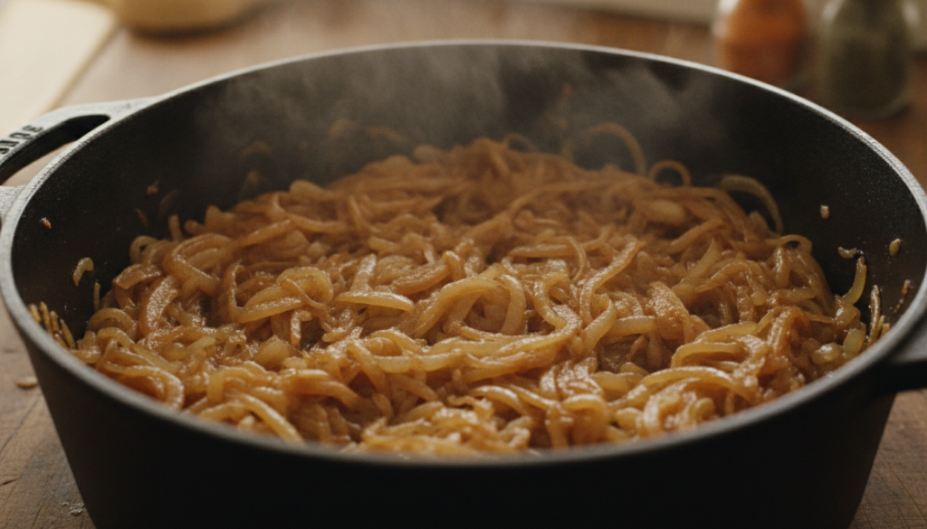 A close-up of thinly sliced yellow onions slowly caramelizing in a large pot turning golden brown and soft Steam gently 