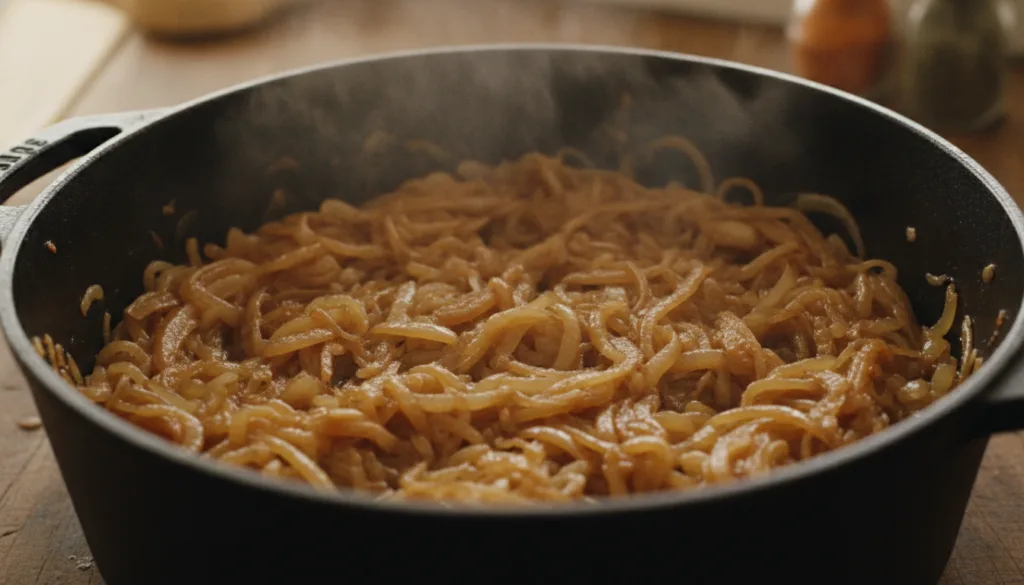A close-up of thinly sliced yellow onions slowly caramelizing in a large pot turning golden brown and soft Steam gently 