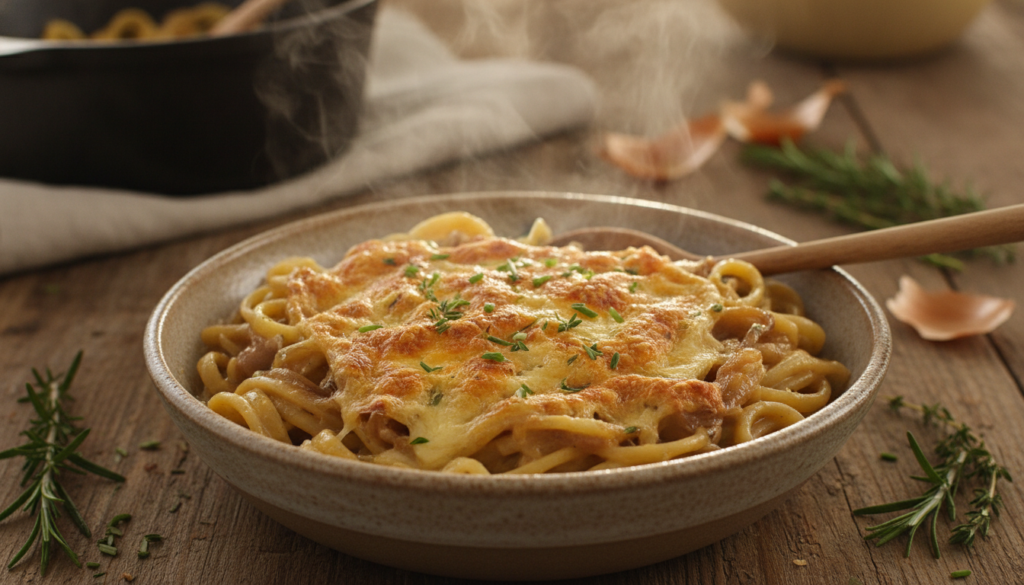 A close-up of a steaming bowl of vegan one-pot French onion pasta showing the creamy texture caramelized onions and melt