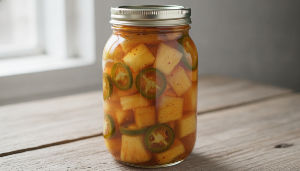 A close-up shot of vibrant yellow pineapple chunks and green jalapeño slices packed tightly in a clear glass jar submerg