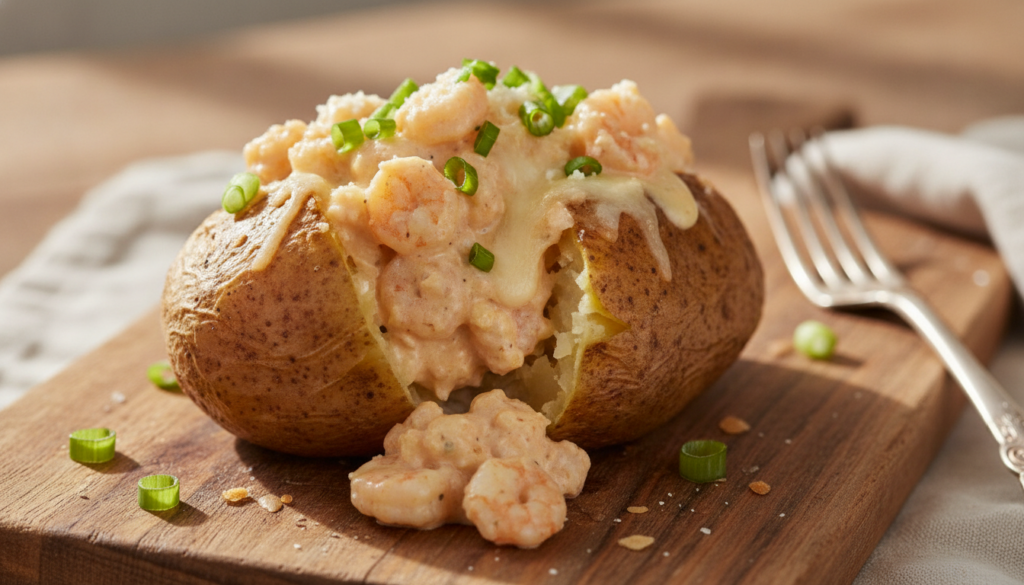 A large golden-brown baked potato sliced open and overflowing with a creamy rich plant-based shrimp and crab filling It 