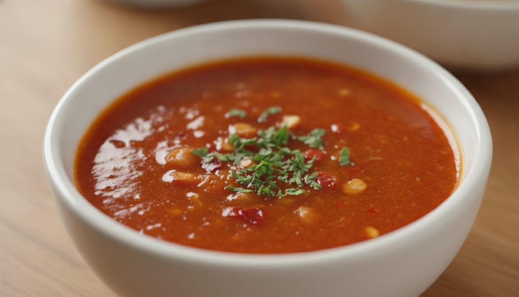 A vibrant glossy red-orange spicy garlic butter sauce in a small white bowl garnished with chili flakes and fresh parsle