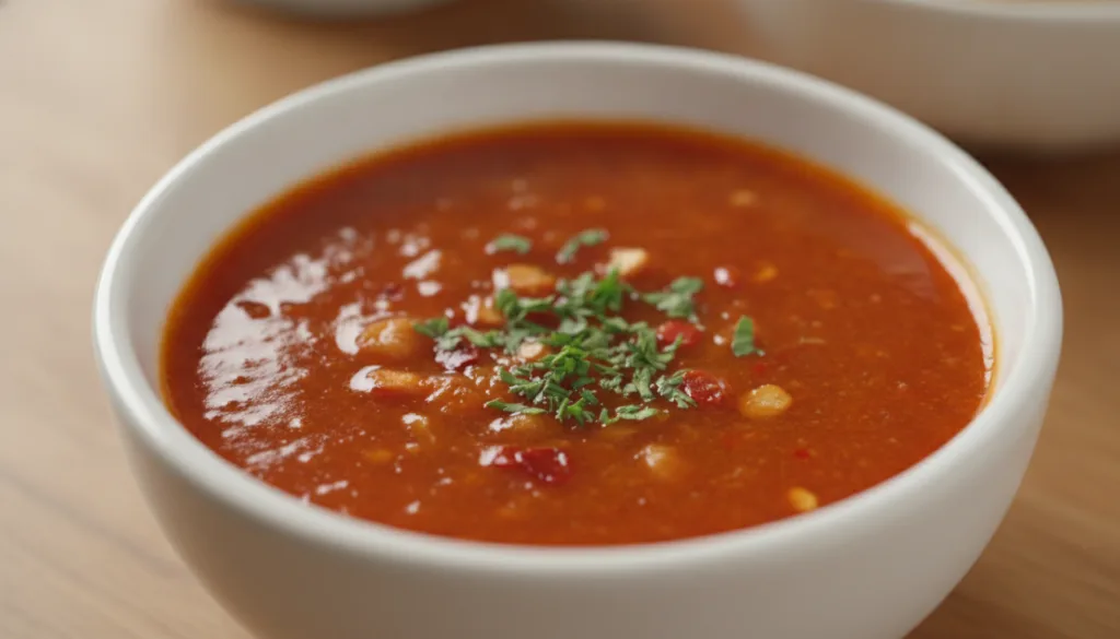 A vibrant glossy red-orange spicy garlic butter sauce in a small white bowl garnished with chili flakes and fresh parsle