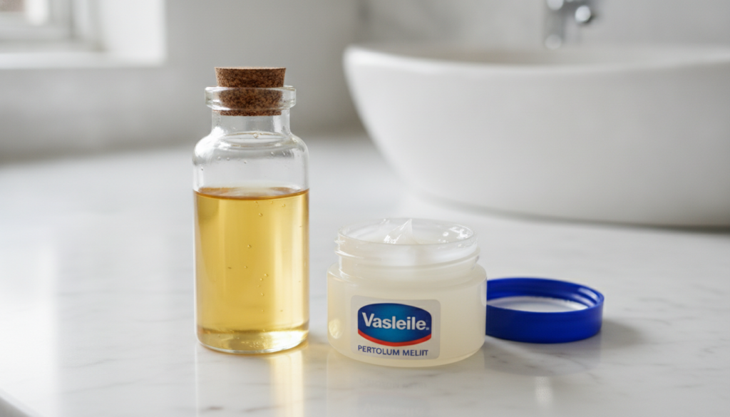 A close-up of a glass bottle of sweet almond oil and a jar of Vaseline jelly on a smooth light-colored surface with soft