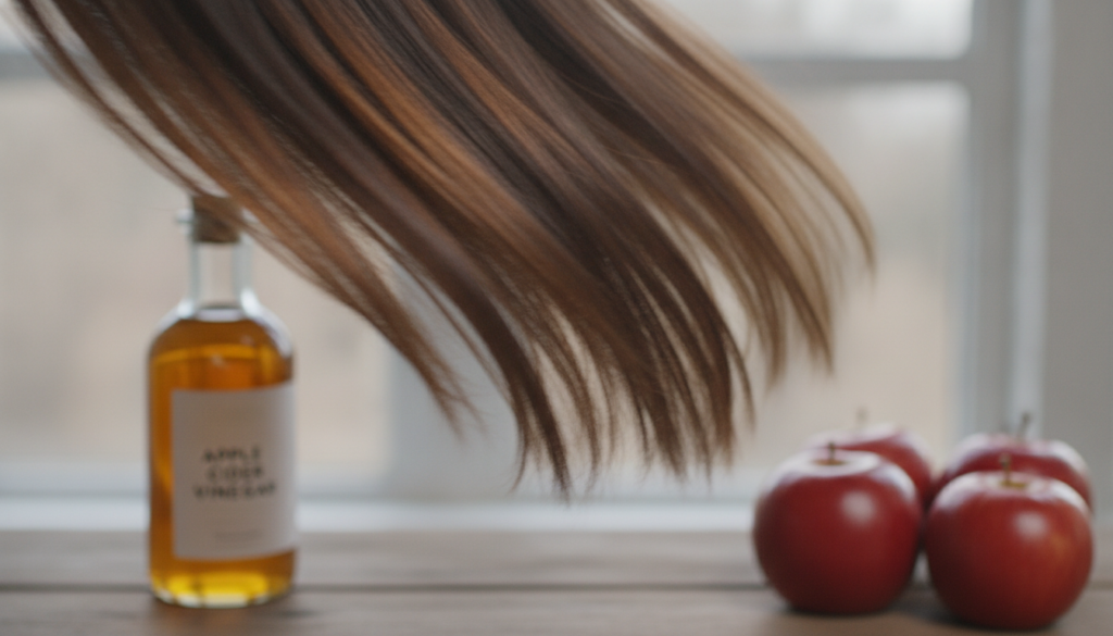 A close-up of shiny healthy hair flowing with a bottle of apple cider vinegar and fresh apples in the background suggest