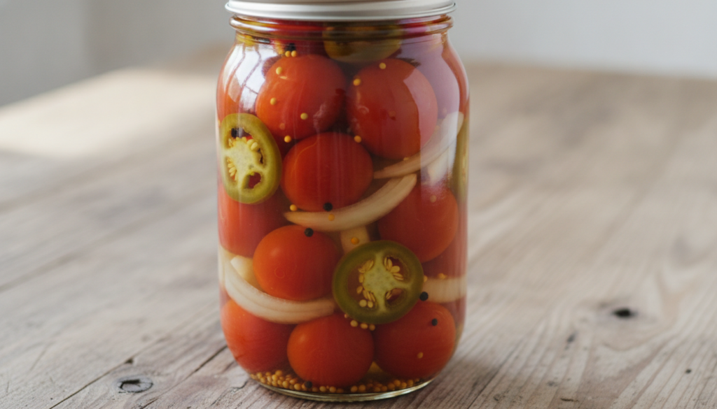 A clear glass canning jar filled with bright red cherry or grape tomatoes sliced white onions and green jalapeño slices 
