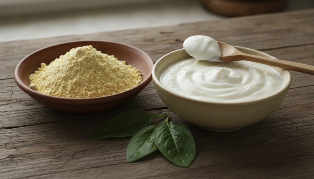 A small bowl of chickpea flour next to a bowl of creamy plain yogurt with a mixing spoon and a few green leaves for natu