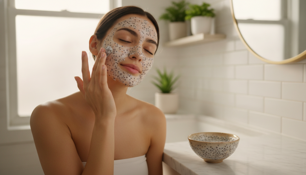 A beautiful woman applying a homemade chia and sabja seed face mask to her clean radiant face in a well-lit bathroom wit