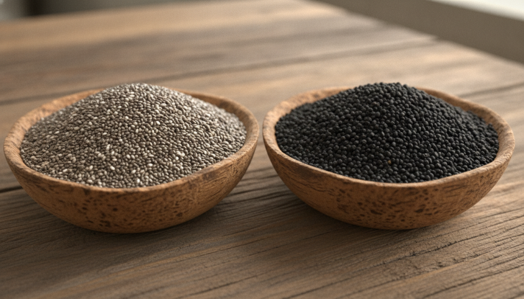 A close-up shot of dry chia seeds and dry sabja seeds side-by-side in small wooden bowls illustrating their different si