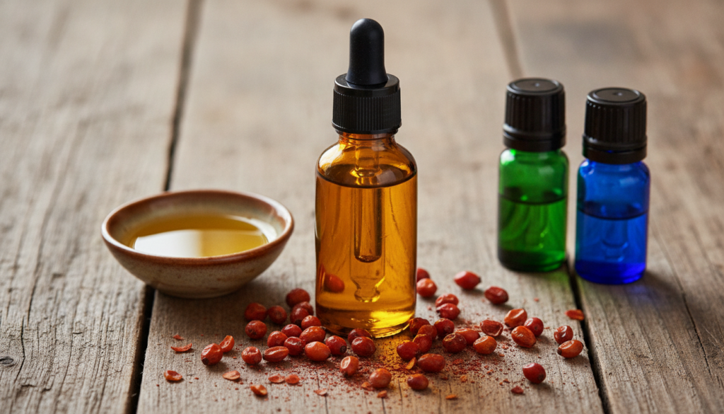 A small elegant amber glass dropper bottle filled with a golden natural facial oil surrounded by ingredients like rosehi