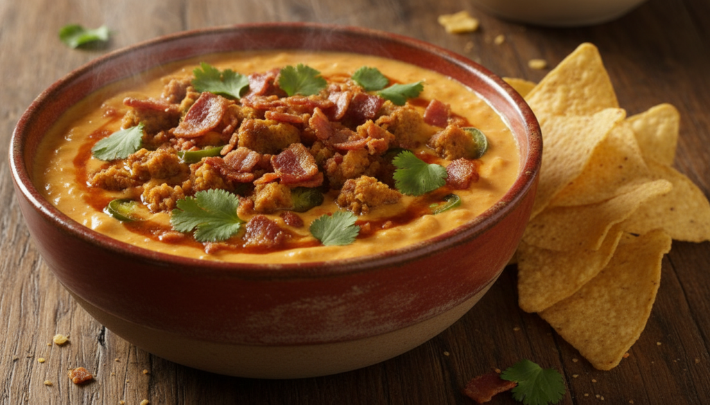 A vibrant warm bowl of vegan Texas tornado smash burger queso garnished with fresh cilantro and vegan bacon bits served 