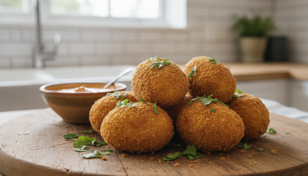 A plate of golden crispy vegan Gator Eggs garnished with fresh herbs ready to be served as an appetizer