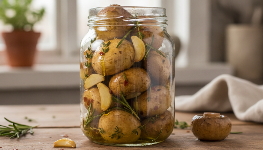 A close-up shot of a glass jar filled with Provençal garlic mushrooms marinated in olive oil with visible slices of garl