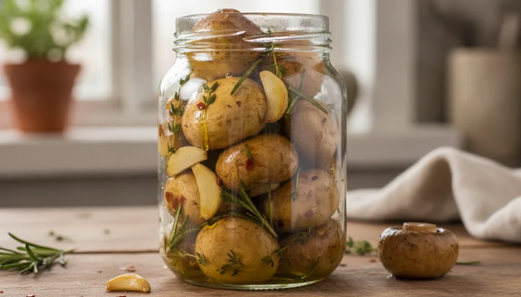 A close-up shot of a glass jar filled with Provençal garlic mushrooms marinated in olive oil with visible slices of garl