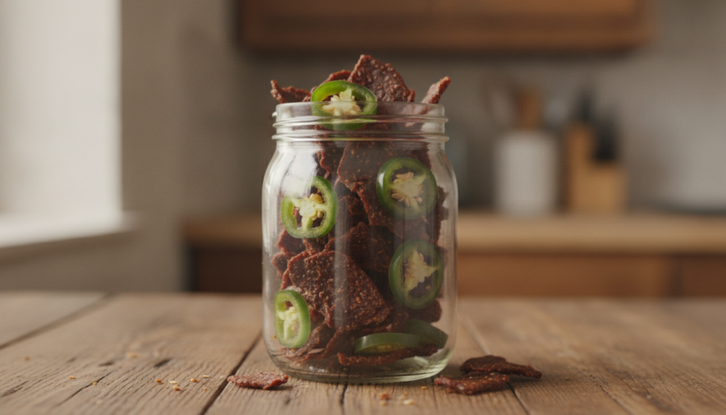 A clear glass jar filled with sweet heat jalapeño jerky with fresh green jalapeño slices visible among the dark glazed j
