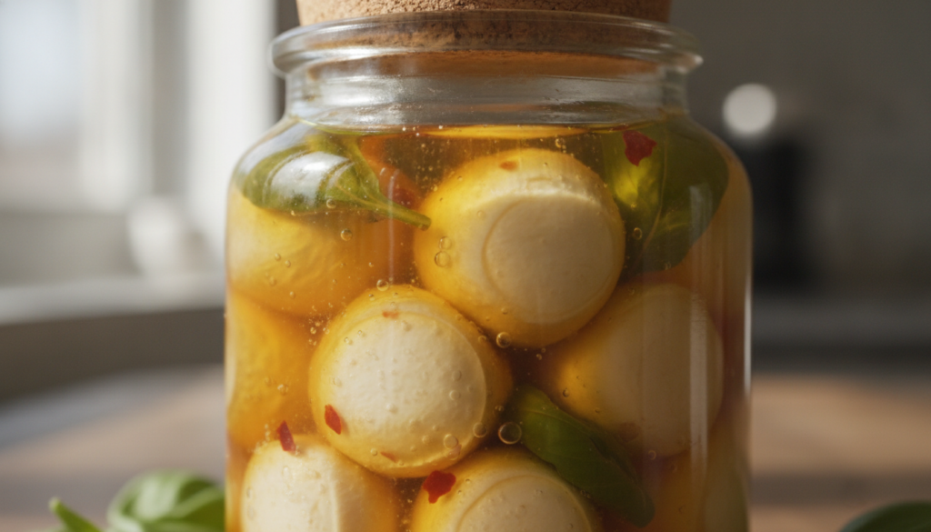 A close-up shot of hot honey marinated vegan mozzarella pearls in a clear glass jar garnished with fresh basil leaves Th