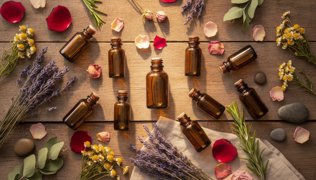 A beautiful close-up flat lay of various natural herbal oils in small amber bottles alongside dried herbs like lavender 