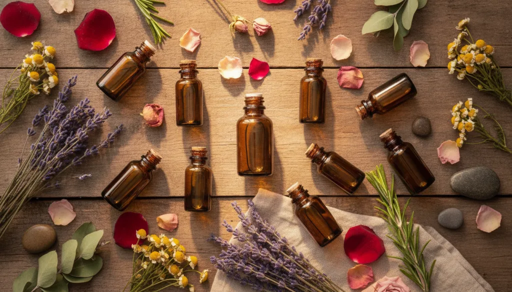 A beautiful close-up flat lay of various natural herbal oils in small amber bottles alongside dried herbs like lavender 