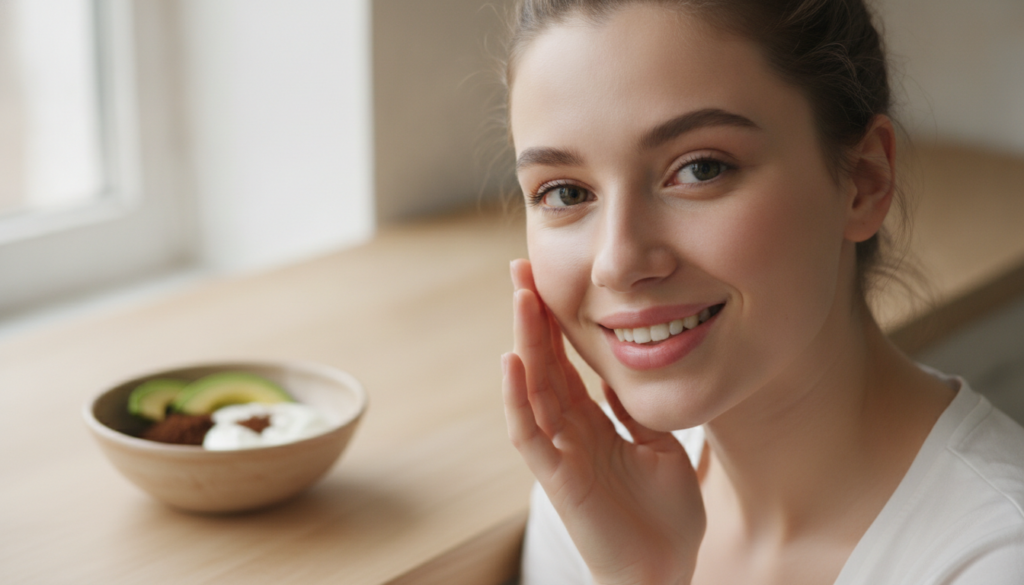 A woman smiling and looking refreshed with clear glowing skin possibly gently touching her face A small bowl with natura