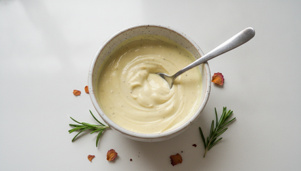 Close-up shot of a small bowl containing the freshly mixed 2-Minute Botox mask with a whisk or small spoon in it on a cl
