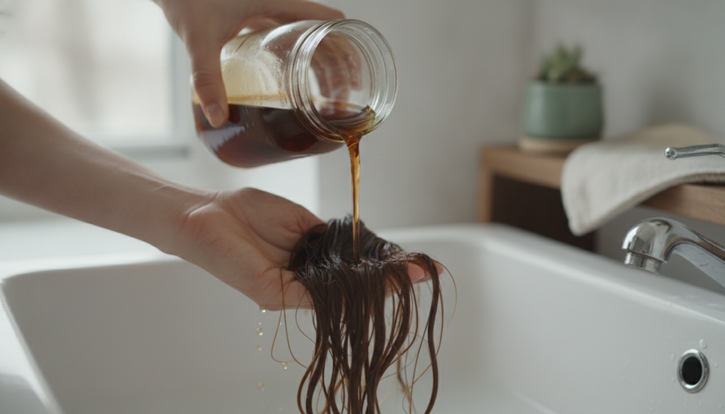 A close-up of a person s hand pouring cooled black tea from a glass jar onto wet hair over a sink showing a gentle natur